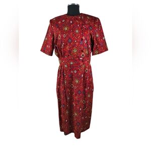 Synthesis Vintage Red Geometric Midi Dress Cotton A Line Shoulder Pad 13-14